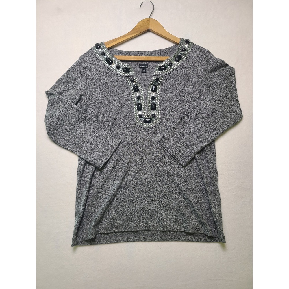 Rafaella M Top Embellished Holiday Grey 3/4 Sleeve Cotton Knit Jeweled Neck